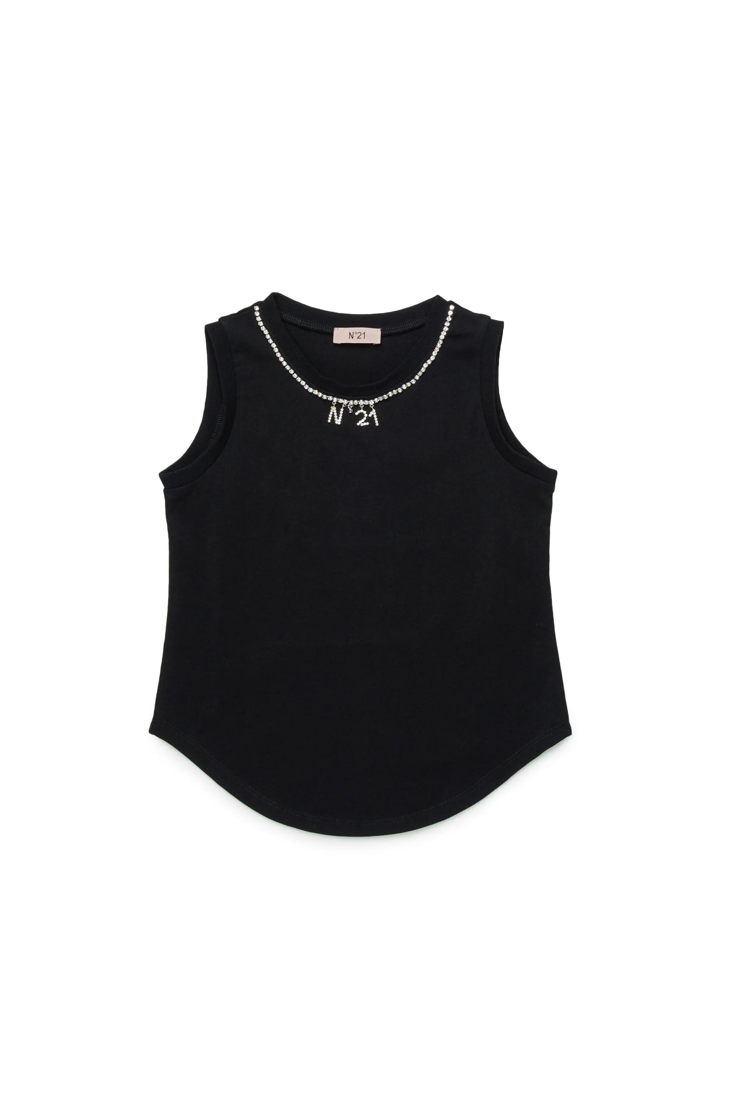 Sleeveless T-shirt with jeweled logo collar