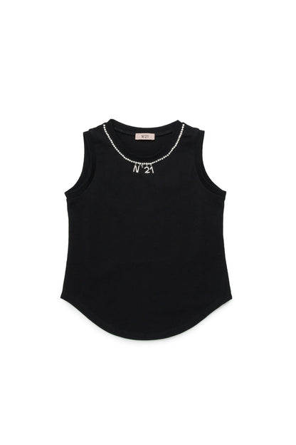 Sleeveless T-shirt with jeweled logo collar