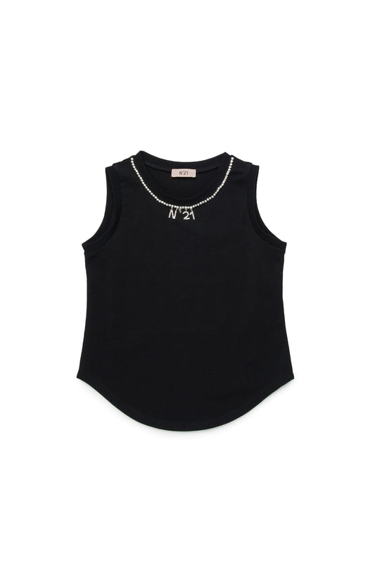 Sleeveless T-shirt with jeweled logo collar
