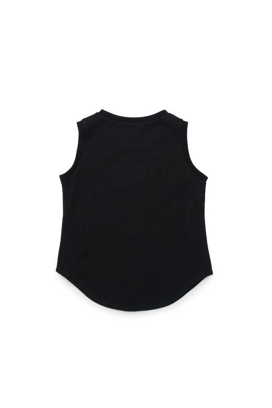 Sleeveless T-shirt with jeweled logo collar