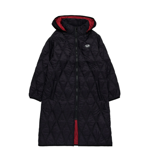 Long lightweight quilted diamond-pattern padded jacket