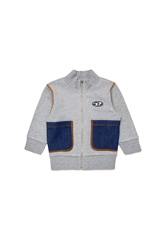 Zip-up sweatshirt with denim pockets
