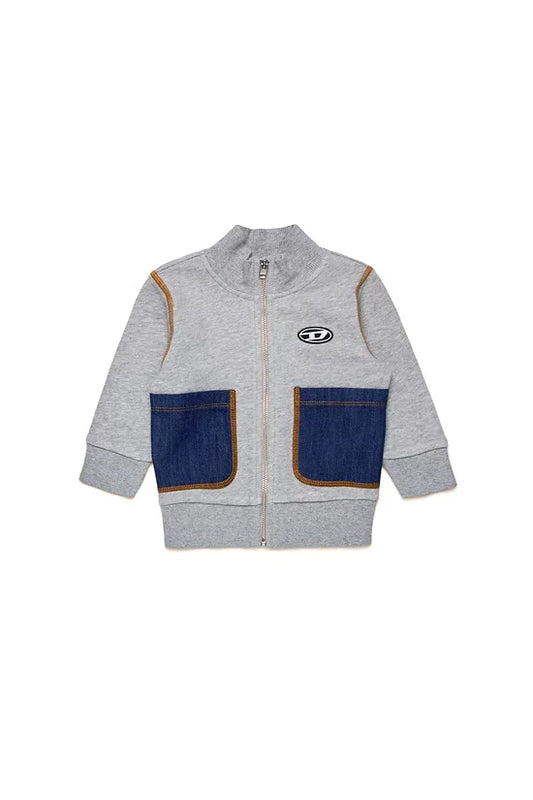 Zip-up sweatshirt with denim pockets