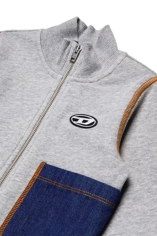 Zip-up sweatshirt with denim pockets