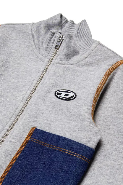 Zip-up sweatshirt with denim pockets