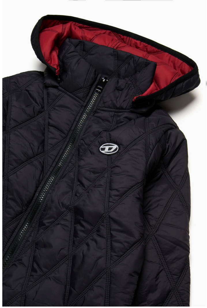 Long lightweight quilted diamond-pattern padded jacket