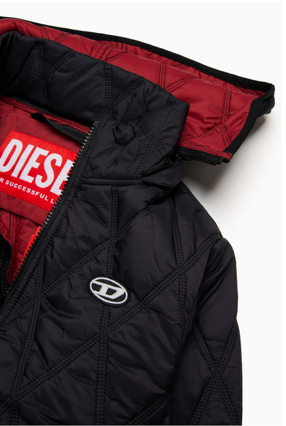 Long lightweight quilted diamond-pattern padded jacket